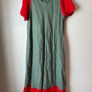 Custom Rare Lands' End Green Linen Red Crochet Midi Dress L Modest Lagenlook